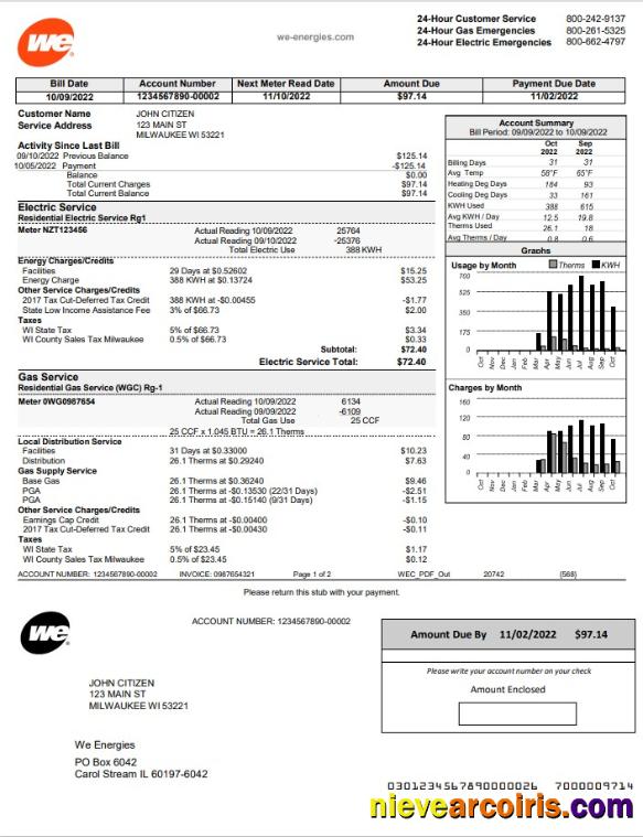 USA Wisconsin We Energies electricity utility bill